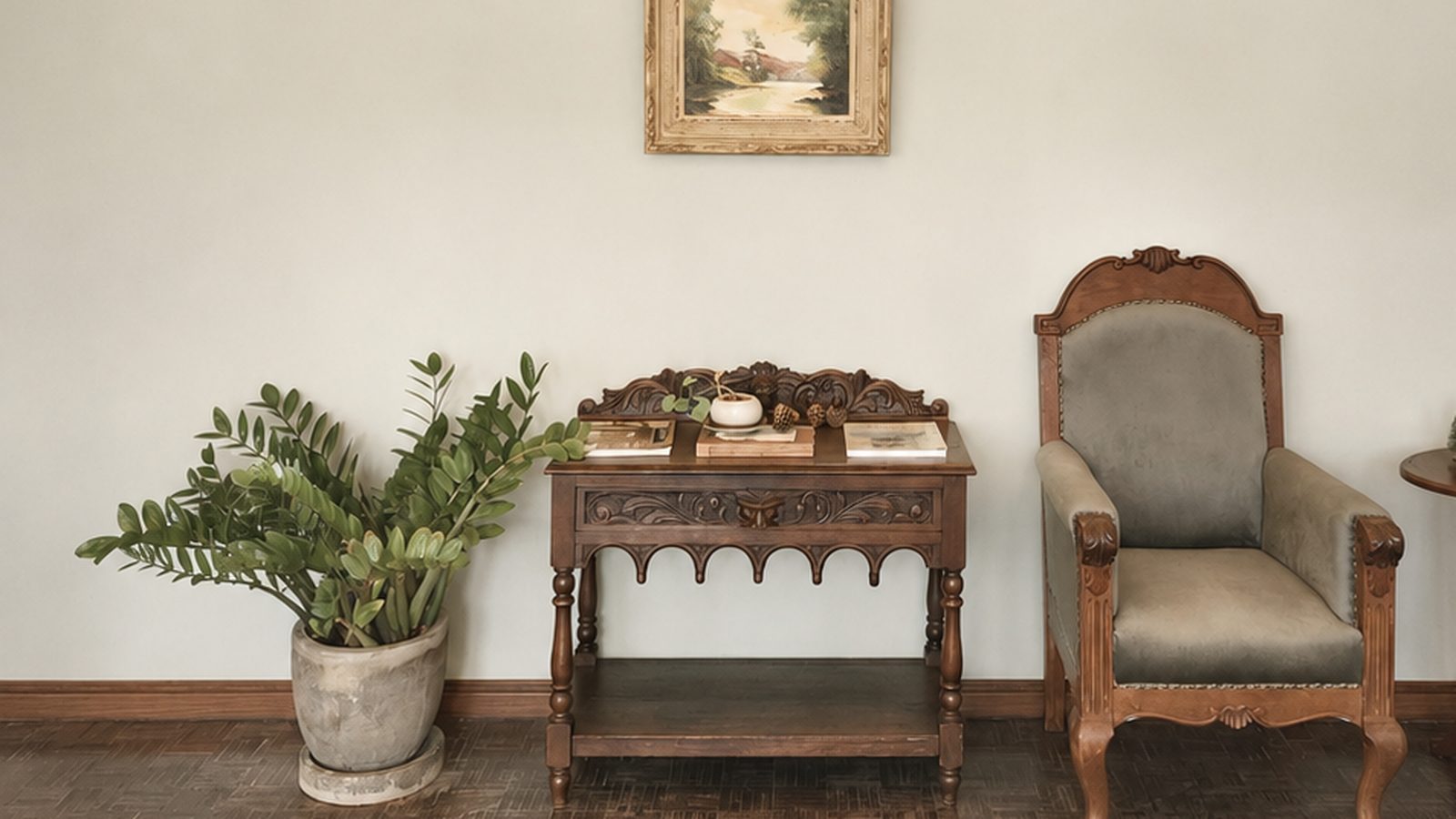A quiet sage-wall corner at FRIEDE Cafe, Chiang Mai