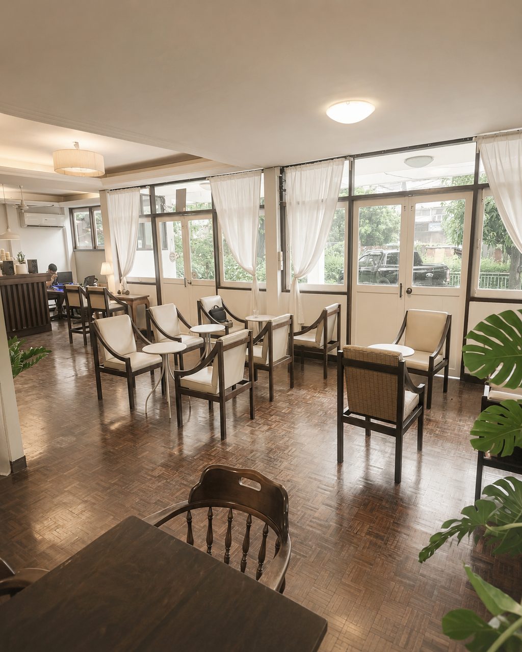 Warm wood seating and natural light inside FRIEDE Cafe, Chiang Mai Old Town